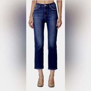 NWT RISEN High-Rise Crop Straight Jeans w/ Distressed Raw Hem Dark Blue 13/31